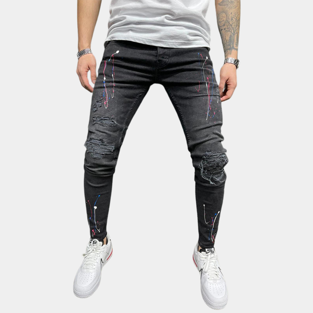 Men's Distressed Skinny Jeans | Paint-Splatter Detail | Stretch Denim Fit