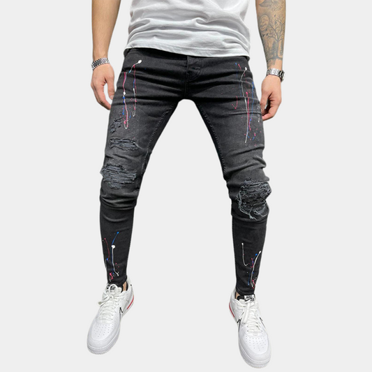 Men's Distressed Skinny Jeans | Paint-Splatter Detail | Stretch Denim Fit