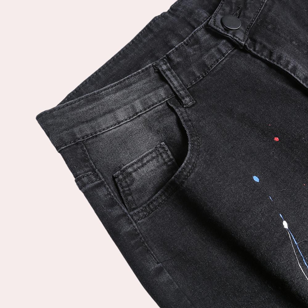 Men's Distressed Skinny Jeans | Paint-Splatter Detail | Stretch Denim Fit