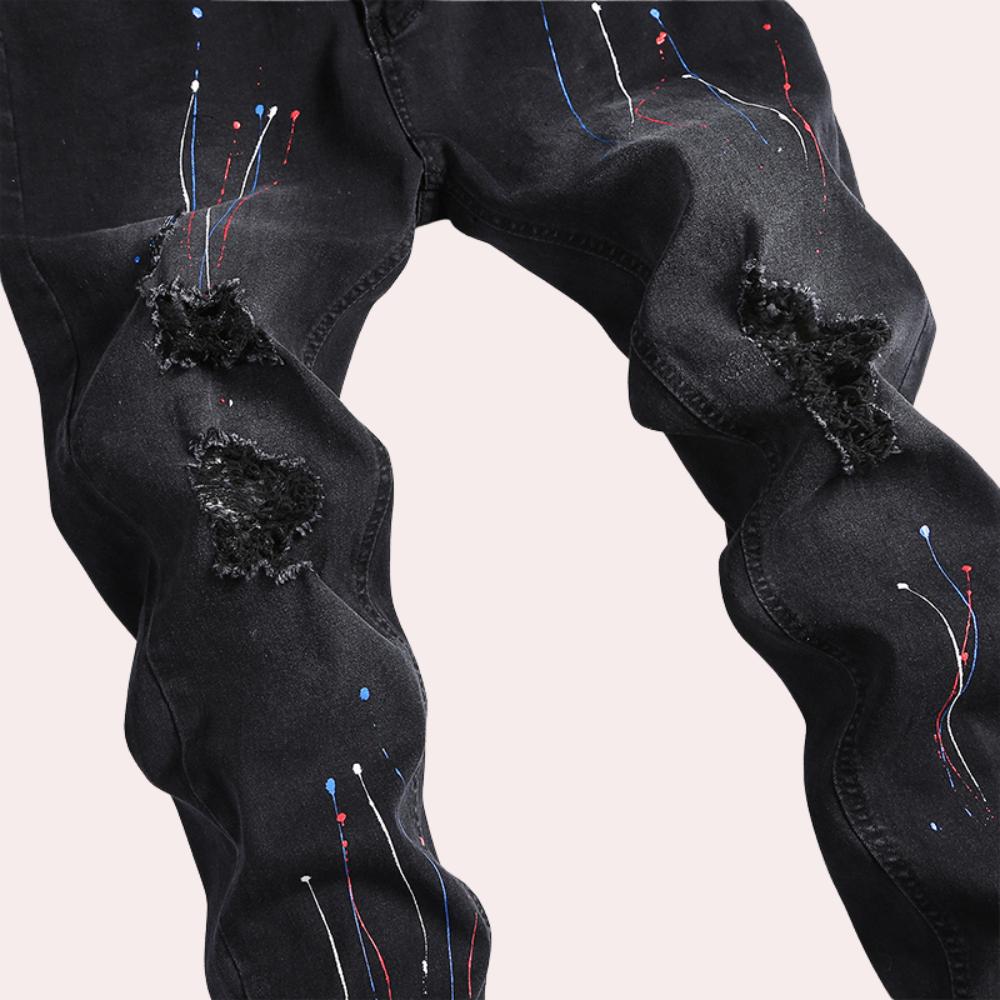 Men's Distressed Skinny Jeans | Paint-Splatter Detail | Stretch Denim Fit