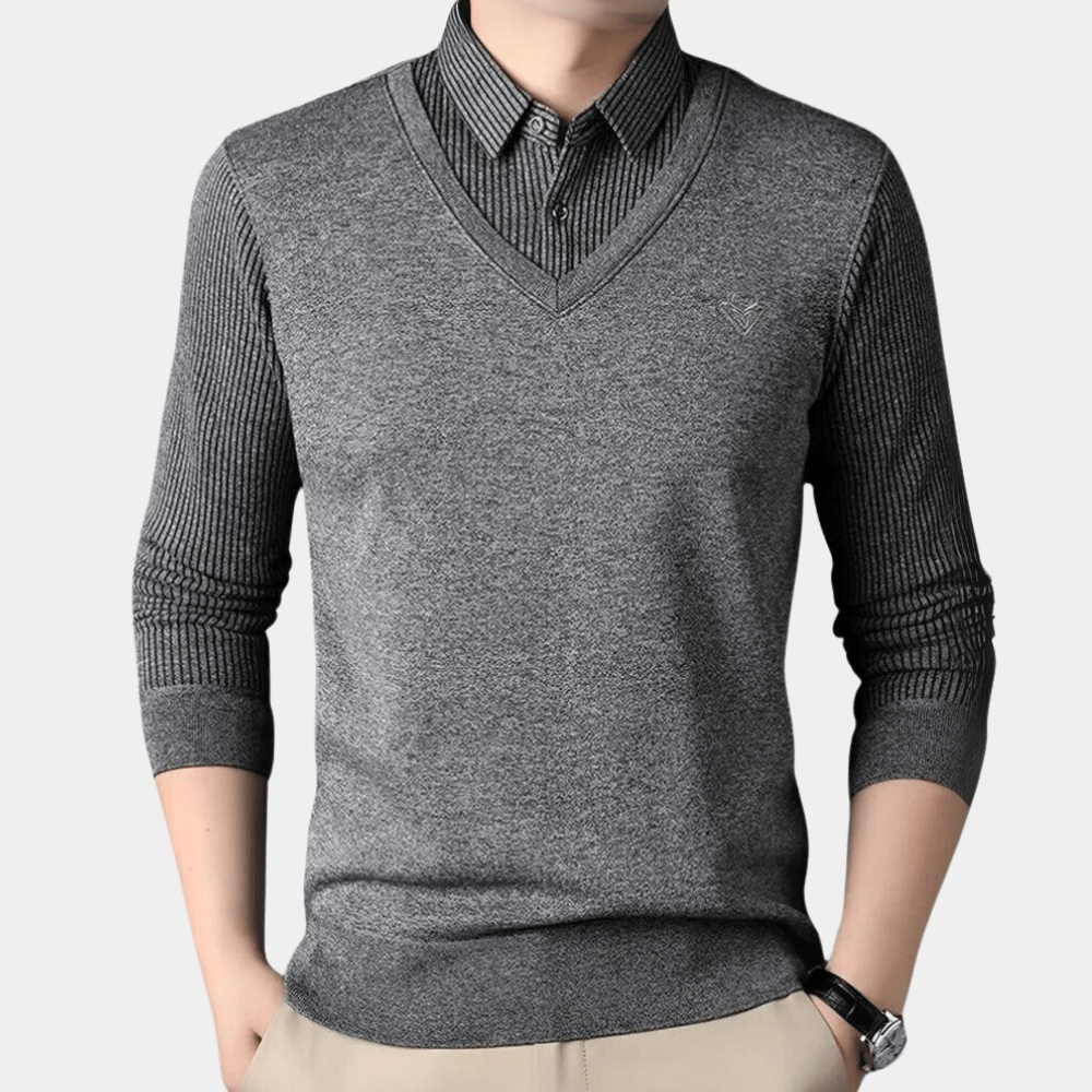 V-Neck Sweater with Collared Layered Look | Soft Knit | Smart Casual Style