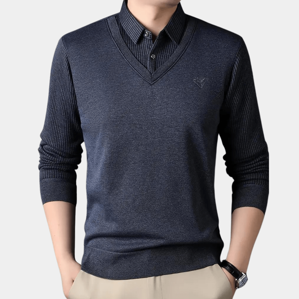 V-Neck Sweater with Collared Layered Look | Soft Knit | Smart Casual Style