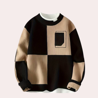 Men's Colourblock Knit Sweater | Textured Pullover with Chest Pocket | Statement Casualwear