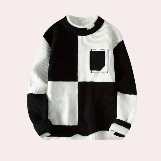 Men's Colourblock Knit Sweater | Textured Pullover with Chest Pocket | Statement Casualwear