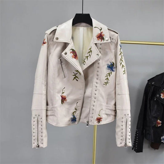 Floral Embroidered Faux Leather Jacket | Studded Details | Bold Moto Style | Versatile Outerwear