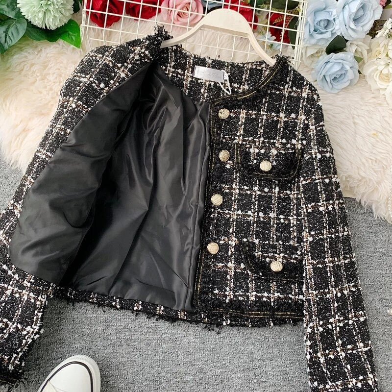 Cropped Tweed Jacket | Gold Button Accents | Classic Elegance | Sophisticated Layering