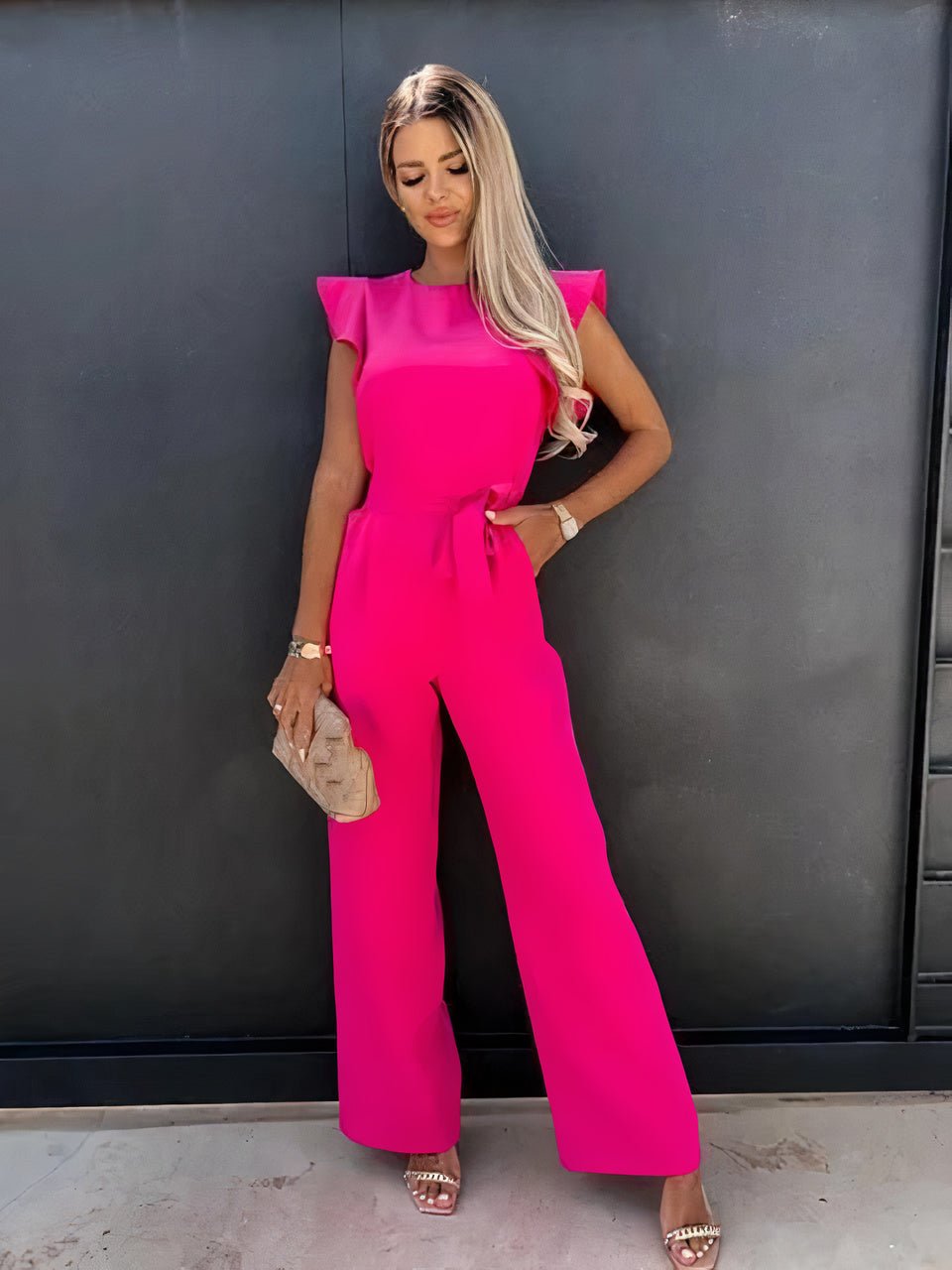 Elegant Wide-Leg Jumpsuit | Ruffled Shoulder Design | Belted Waist | Perfect for Evening or Formal Events