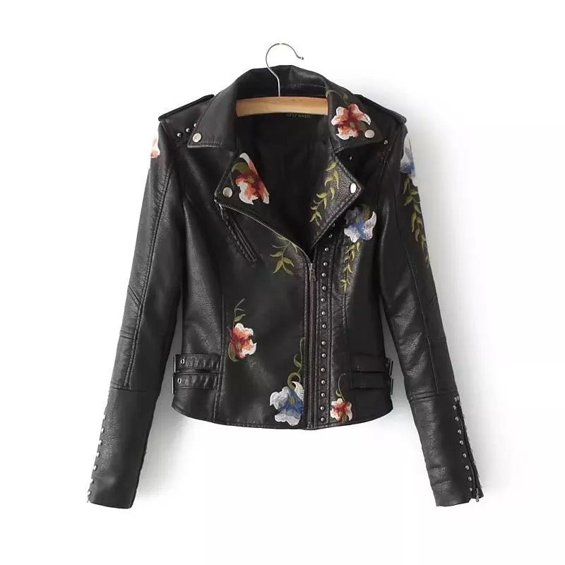 Floral Embroidered Faux Leather Jacket | Studded Details | Bold Moto Style | Versatile Outerwear