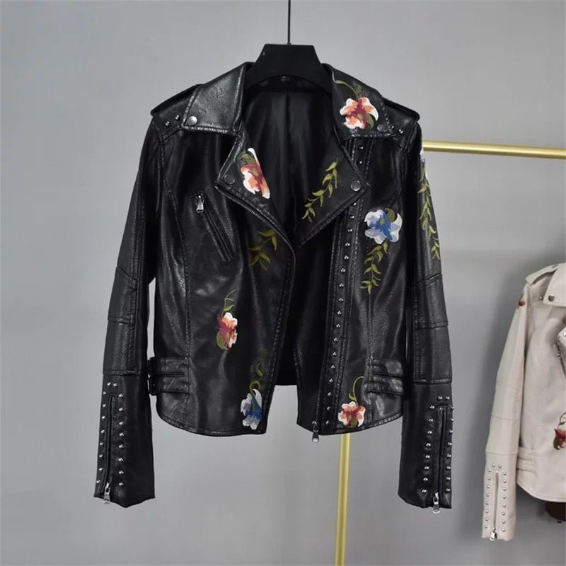 Floral Embroidered Faux Leather Jacket | Studded Details | Bold Moto Style | Versatile Outerwear