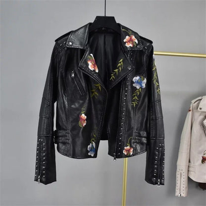 Floral Embroidered Faux Leather Jacket | Studded Details | Bold Moto Style | Versatile Outerwear