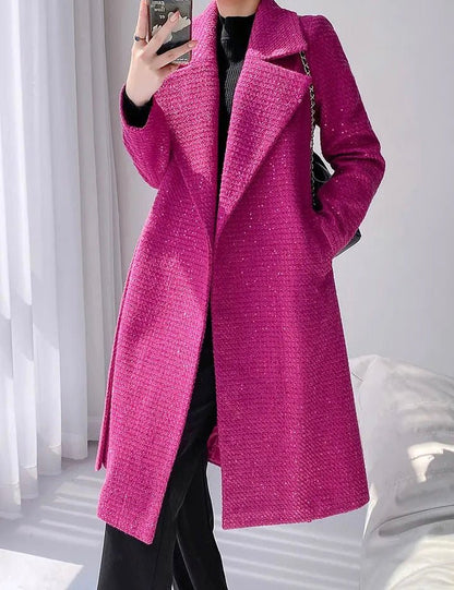 Belted Wool-Blend Coat | Longline Design | Vibrant Pink | Elegant Outerwear