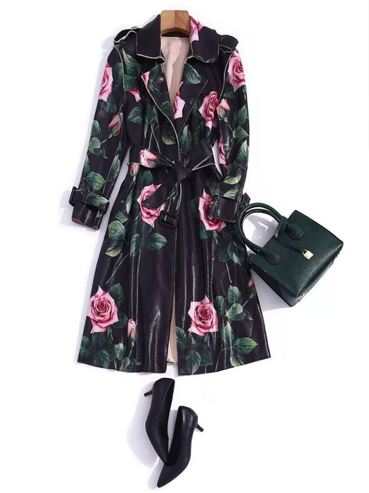 Floral Print Longline Trench Coat | Belted Waist | Statement Outerwear | Elegant Design