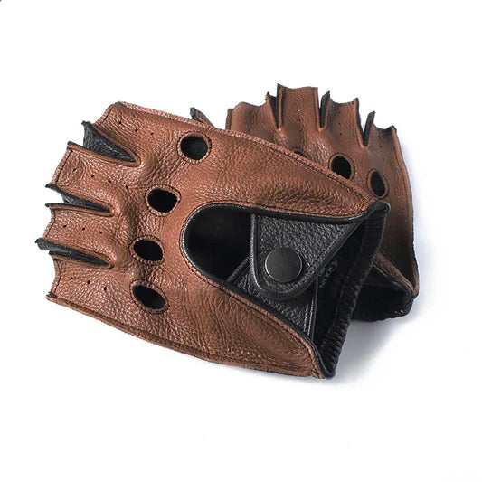 Fingerless Leather Driving Gloves | Snap Closure | Vented Classic Style