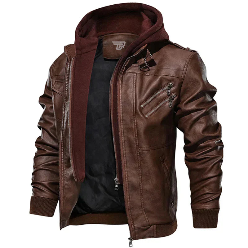 Faux Leather Bomber Jacket | Hooded | Zip Pockets & Ribbed Trim