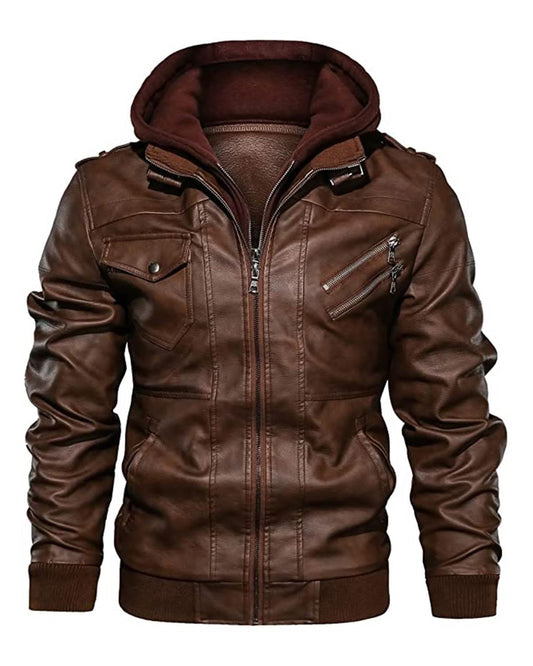 Faux Leather Bomber Jacket | Hooded | Zip Pockets & Ribbed Trim