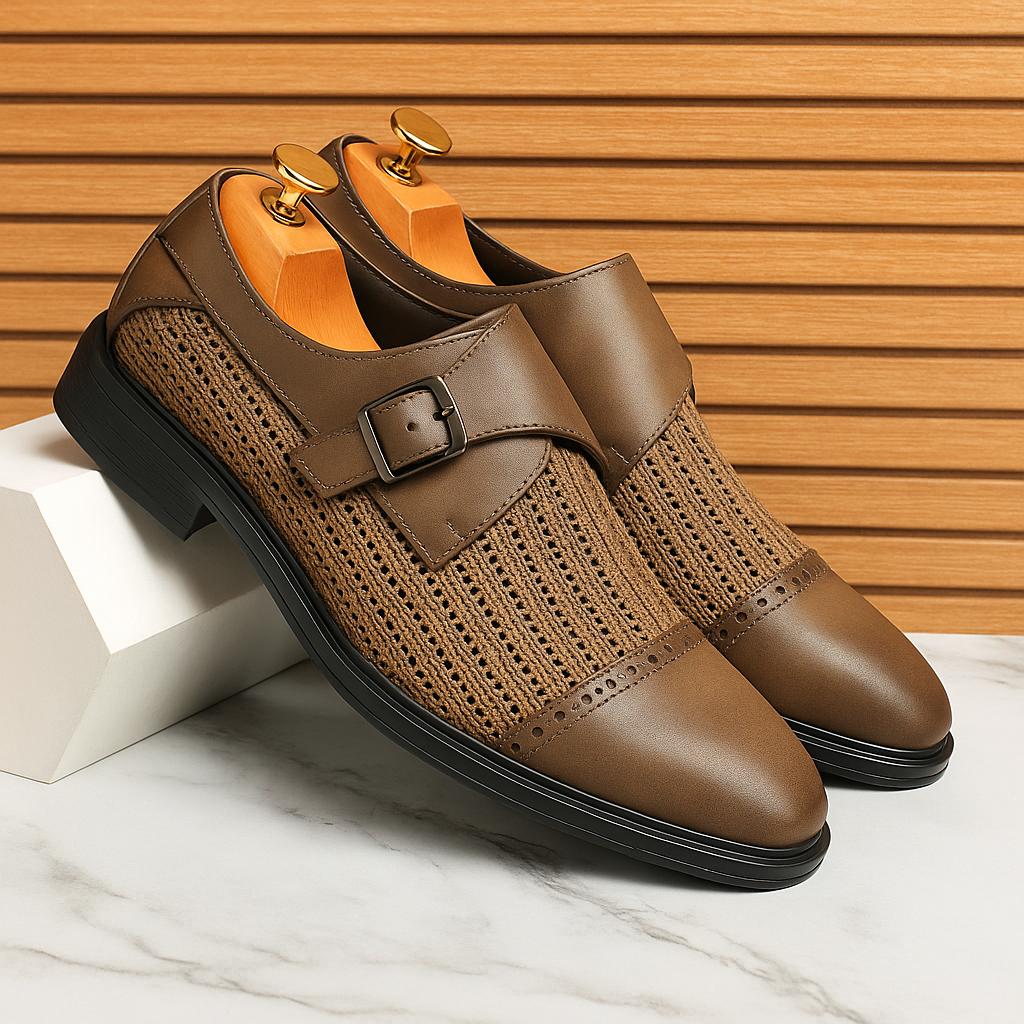 Men’s Monk Strap Dress Shoes | Textured Weave Leather Slip-On Formal Footwear