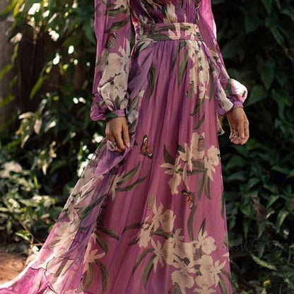 Floral Chiffon V-Neck Maxi Dress | Elegant Long Sleeve Occasionwear