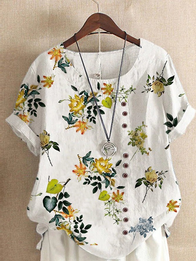 Floral Linen-Blend Short Sleeve Blouse | Casual Summer Top with Side Buttons