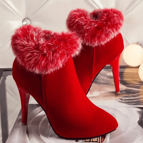Faux Fur Trim Stiletto Ankle Boots | Elegant & Warm | Suede Finish | Winter Chic