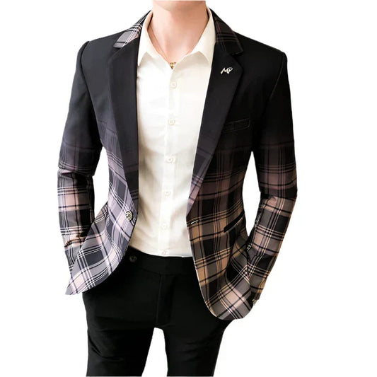 Men’s Plaid Panel Blazer | Tailored Slim Fit | Modern Casual Suit Jacket