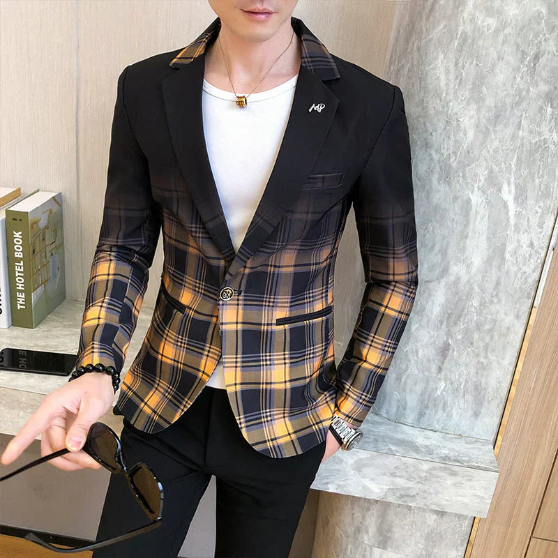 Men’s Plaid Panel Blazer | Tailored Slim Fit | Modern Casual Suit Jacket