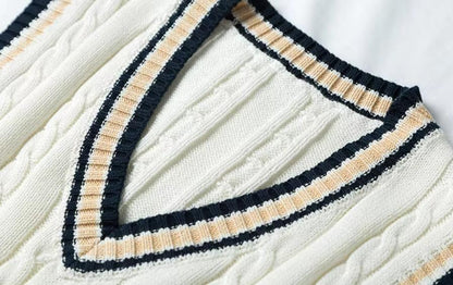Cable Knit Sweater Vest | V-Neck Pullover with Striped Trim | Preppy Layer for All Seasons
