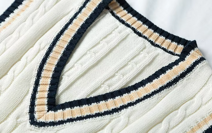 Cable Knit Sweater Vest | V-Neck Pullover with Striped Trim | Preppy Layer for All Seasons