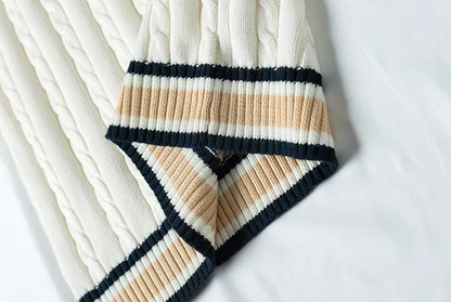 Cable Knit Sweater Vest | V-Neck Pullover with Striped Trim | Preppy Layer for All Seasons
