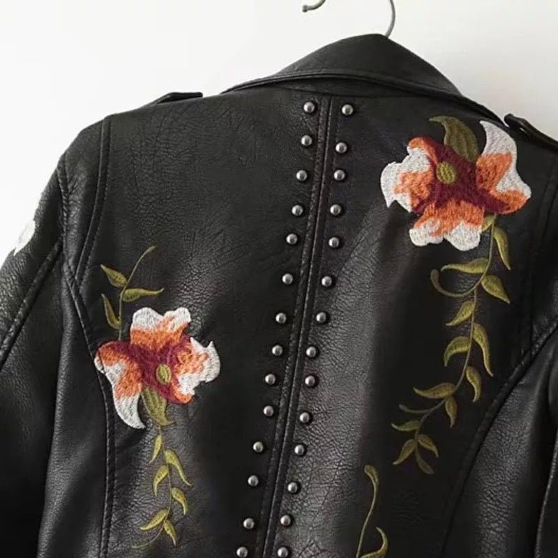 Floral Embroidered Faux Leather Jacket | Studded Details | Bold Moto Style | Versatile Outerwear