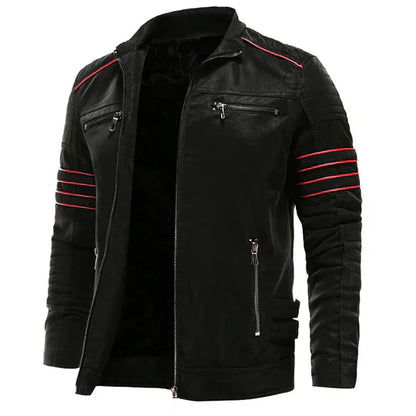 Men’s Faux Leather Biker Jacket | Red Stripe Detail | Sherpa-Lined Moto Style
