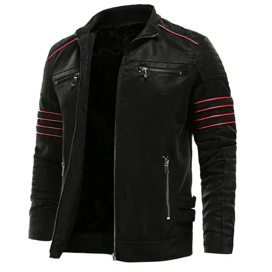 Men’s Faux Leather Biker Jacket | Red Stripe Detail | Sherpa-Lined Moto Style