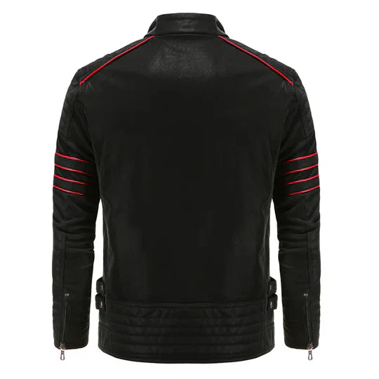 Men’s Faux Leather Biker Jacket | Red Stripe Detail | Sherpa-Lined Moto Style