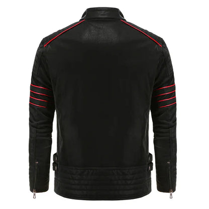 Men’s Faux Leather Biker Jacket | Red Stripe Detail | Sherpa-Lined Moto Style