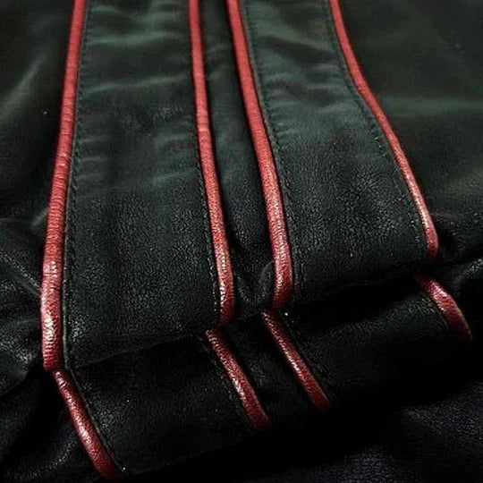 Men’s Faux Leather Biker Jacket | Red Stripe Detail | Sherpa-Lined Moto Style