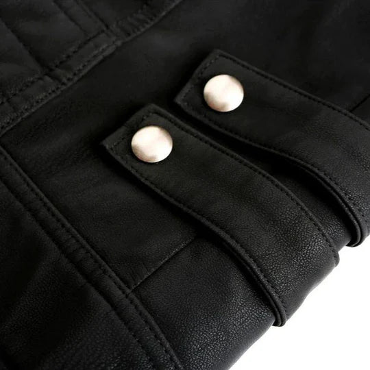 Men’s Faux Leather Biker Jacket | Red Stripe Detail | Sherpa-Lined Moto Style