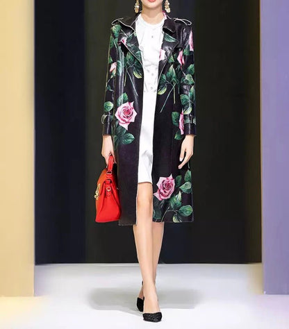 Floral Print Longline Trench Coat | Belted Waist | Statement Outerwear | Elegant Design