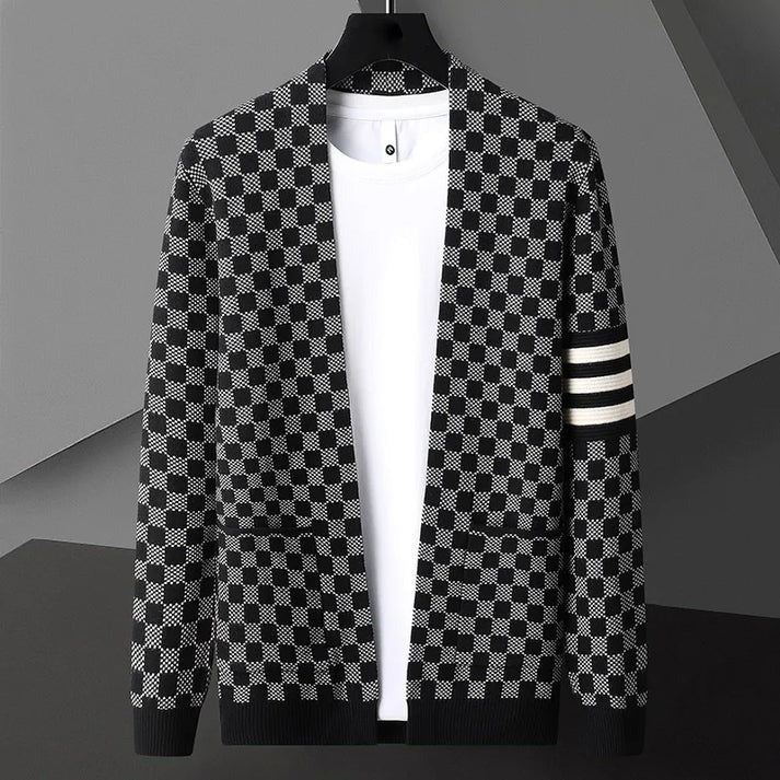 Men’s Checkered Knit Cardigan | Open Front Casual Sweater | Lightweight Streetwear Layer