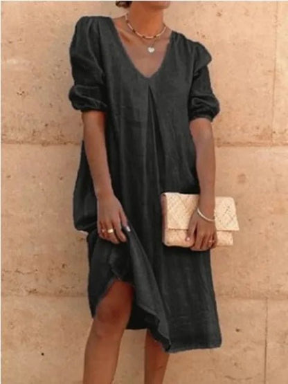 V-Neck Linen Blend Dress | Puff Sleeves | Relaxed Knee Length