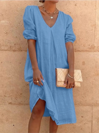 V-Neck Linen Blend Dress | Puff Sleeves | Relaxed Knee Length