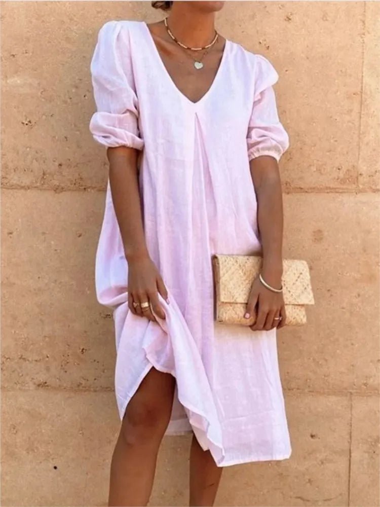 V-Neck Linen Blend Dress | Puff Sleeves | Relaxed Knee Length