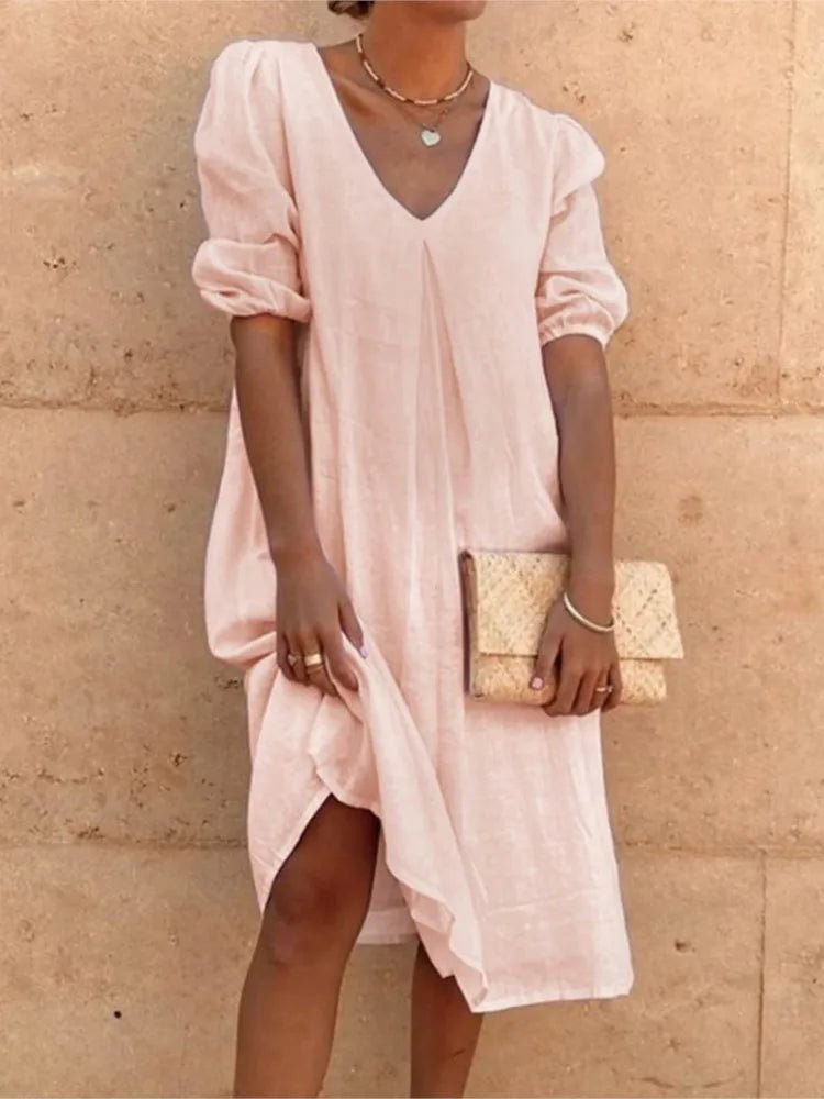 V-Neck Linen Blend Dress | Puff Sleeves | Relaxed Knee Length