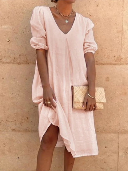 V-Neck Linen Blend Dress | Puff Sleeves | Relaxed Knee Length
