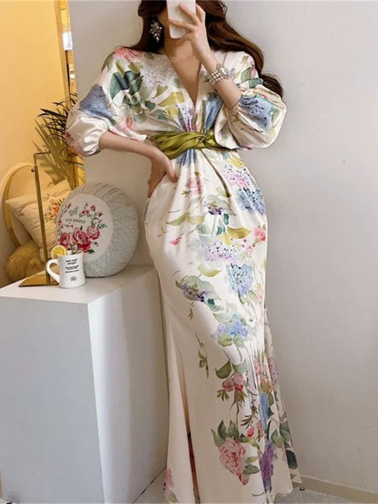 Floral Satin Kimono Maxi Dress | Tie-Waist Detail | Elegant and Lightweight | Evening Wear