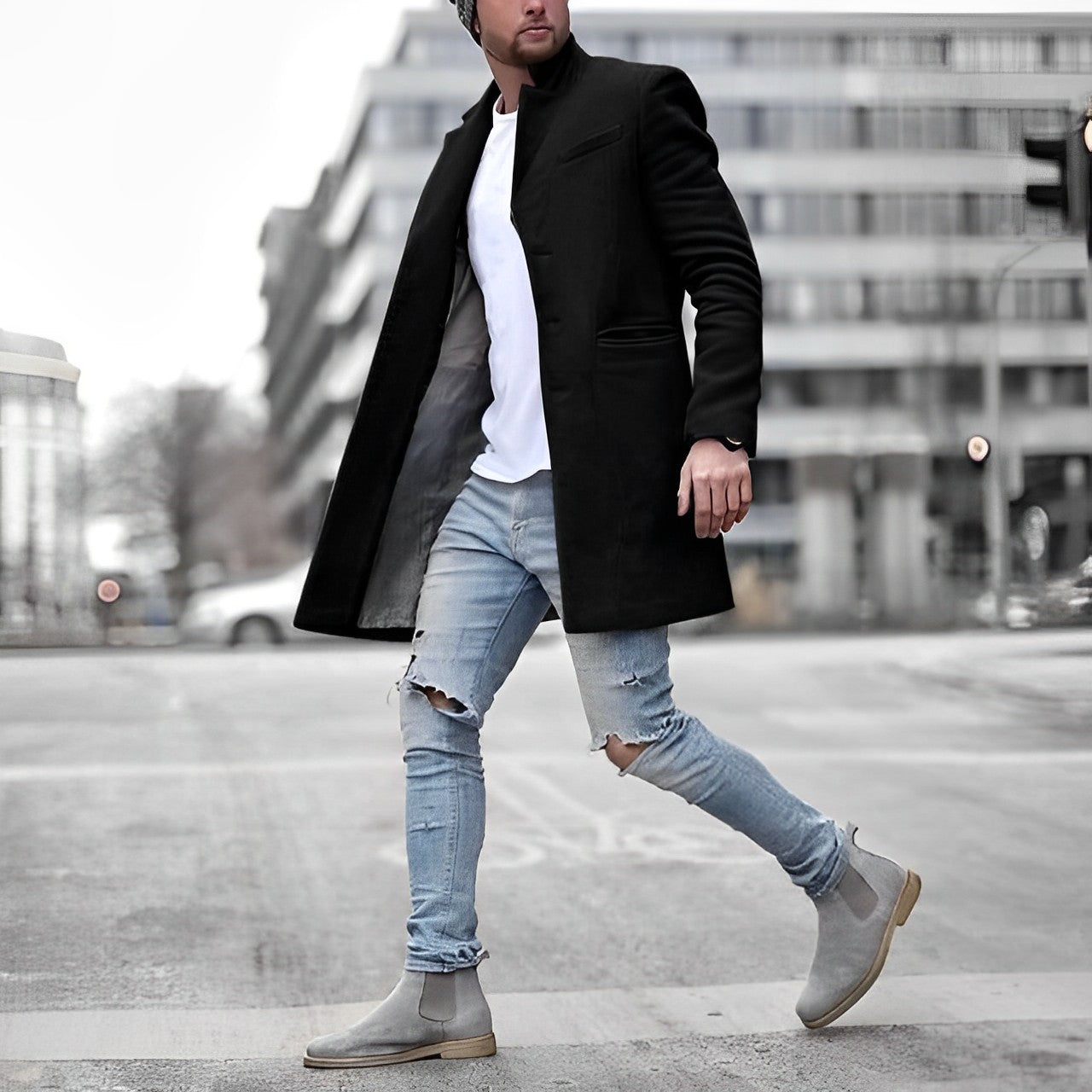 Men’s Wool-Blend Overcoat | Notch Lapel | Slim Fit Streetwear Style