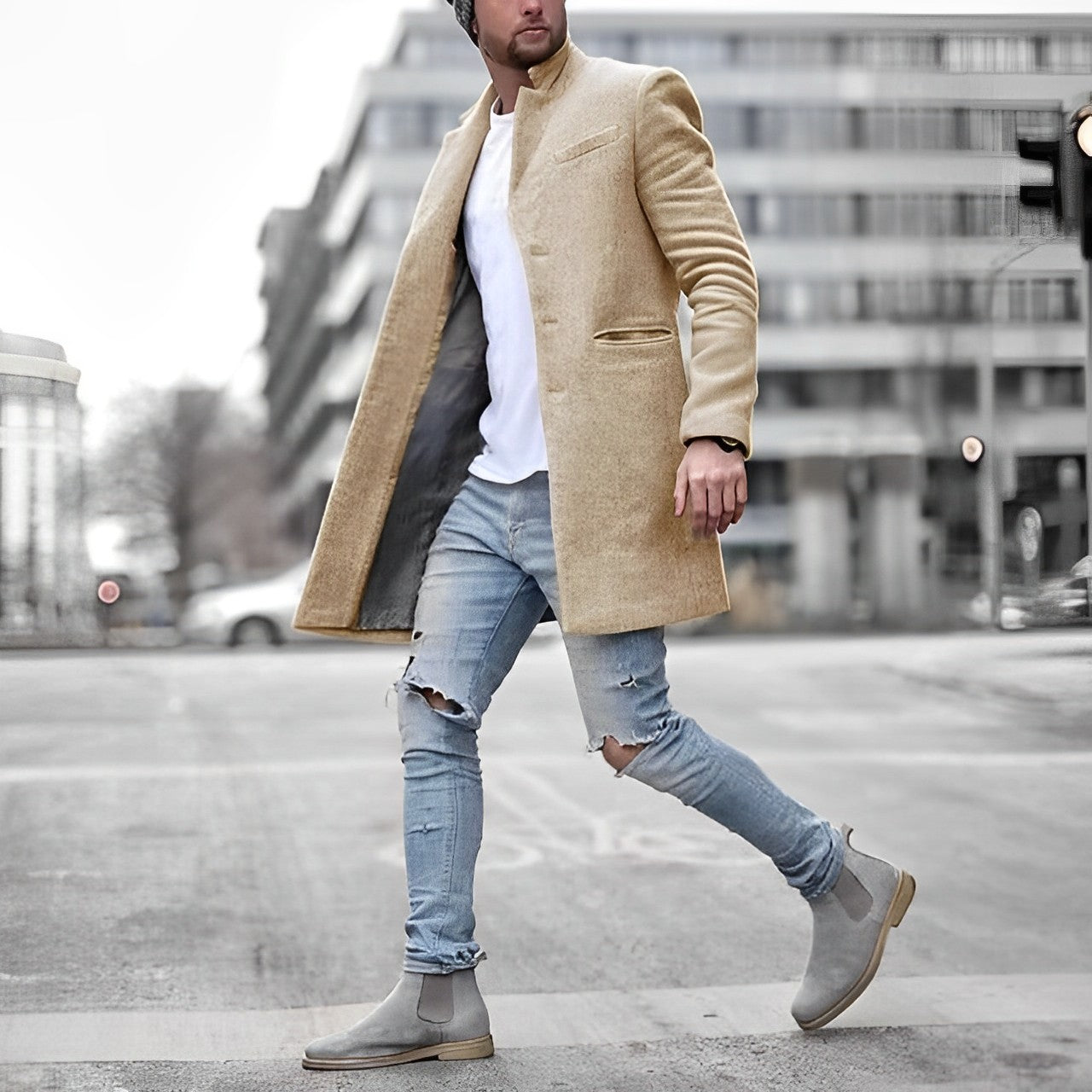 Men’s Wool-Blend Overcoat | Notch Lapel | Slim Fit Streetwear Style