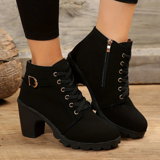 Lace-Up Ankle Boots | Rugged Chunky Heel | Suede Finish | Everyday Comfort