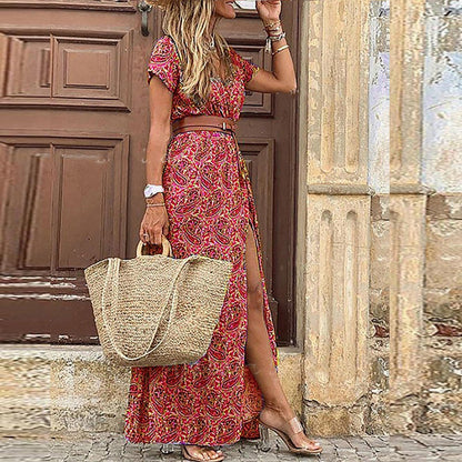 Bohemian Print Maxi Dress | Cap Sleeves | Side Slit Detail