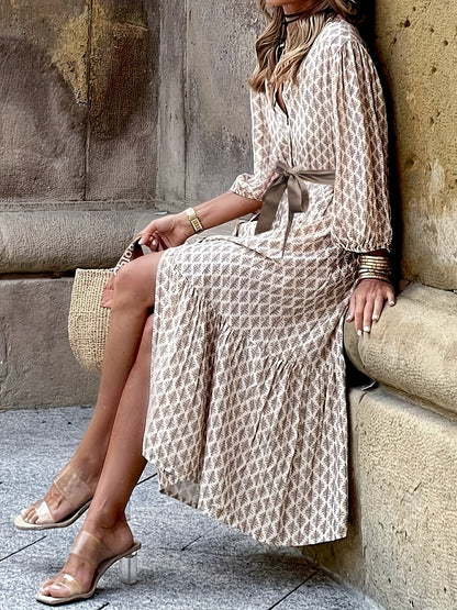 Women's Midi Dress | Printed Cotton Blend with Tie Waist | 3/4 Sleeve Button-Front Dress
