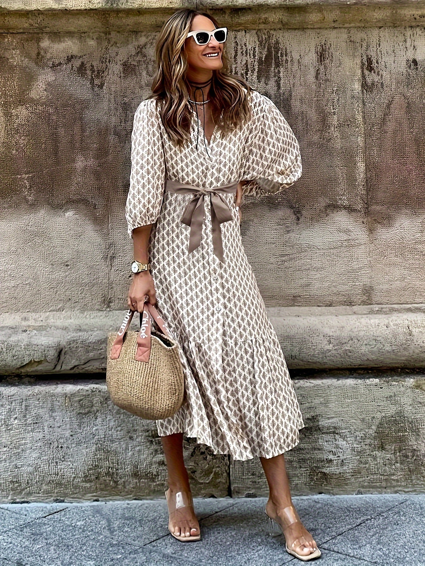Women's Midi Dress | Printed Cotton Blend with Tie Waist | 3/4 Sleeve Button-Front Dress