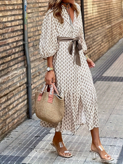 Women's Midi Dress | Printed Cotton Blend with Tie Waist | 3/4 Sleeve Button-Front Dress